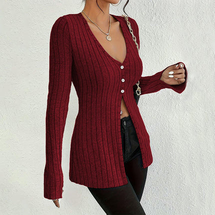 Women Long Sleeve Shirts V Neck Tops Casual Slit Front Slim Fit Lightweight Sweaters