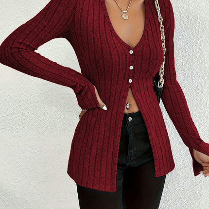 Women Long Sleeve Shirts V Neck Tops Casual Slit Front Slim Fit Lightweight Sweaters