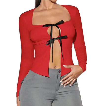 Women's Open Front Tie Long Sleeve Square Neck Crop Top Sexy Going Out T Shirt