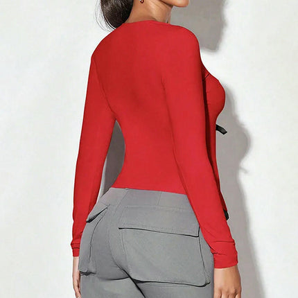 Women's Open Front Tie Long Sleeve Square Neck Crop Top Sexy Going Out T Shirt
