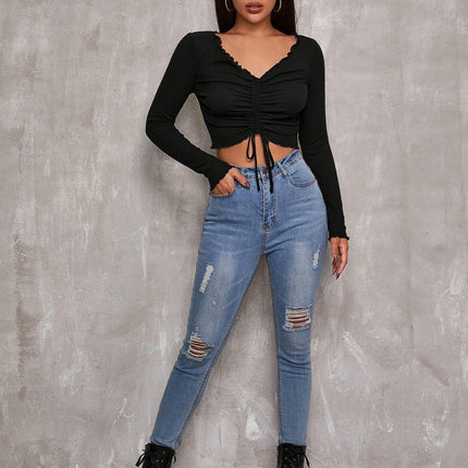 Women's Lettuce Trim T Shirt Drawstring Ruched V Neck Long Sleeve Crop Top