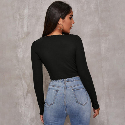 Women's Lettuce Trim T Shirt Drawstring Ruched V Neck Long Sleeve Crop Top