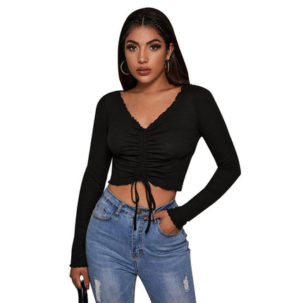 Women's Lettuce Trim T Shirt Drawstring Ruched V Neck Long Sleeve Crop Top