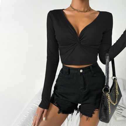 Long Sleeve Crop Tops for Women Twist Front V Neck Sexy Going Out T Shirt