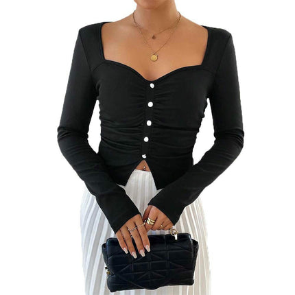 Women's Sexy Sweetheart Neck T Shirt Long Sleeve Slim Fitted Ruched Button Going Out Crop Top