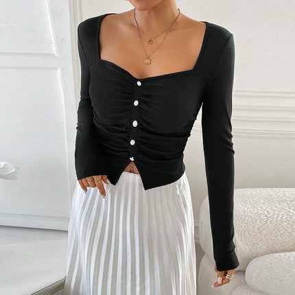 Women's Sexy Sweetheart Neck T Shirt Long Sleeve Slim Fitted Ruched Button Going Out Crop Top