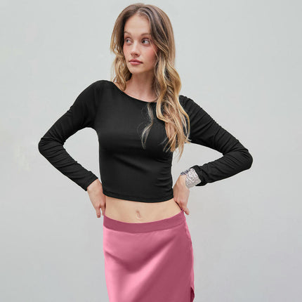 Women Sexy Backless Long Sleeve Slim Fit Crewneck Casual Crop Top