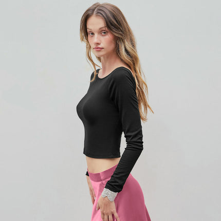Women Sexy Backless Long Sleeve Slim Fit Crewneck Casual Crop Top