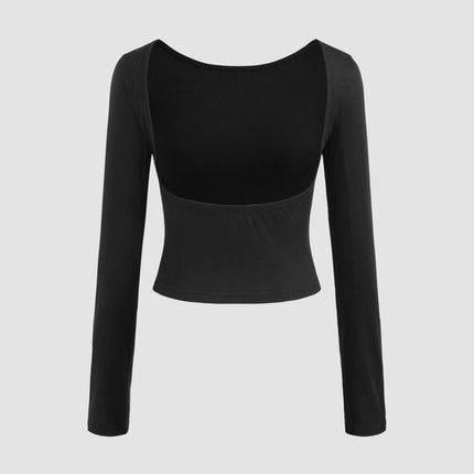 Women Sexy Backless Long Sleeve Slim Fit Crewneck Casual Crop Top