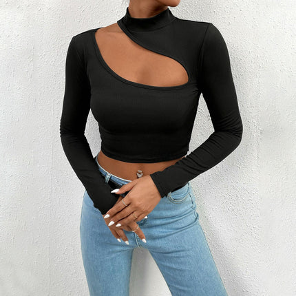 Women's Sexy Front Cutout Mock Neck Long Sleeve Slim T-Shirt Crop Top