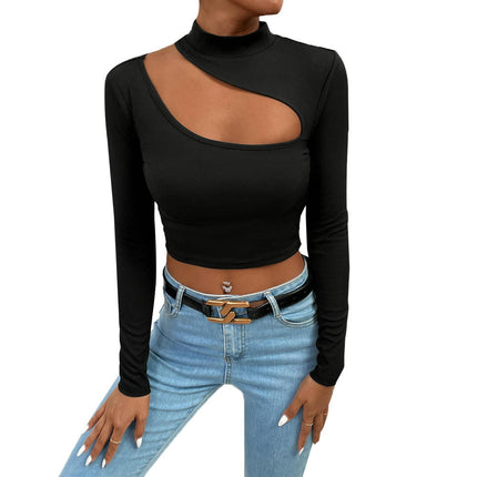 Women's Sexy Front Cutout Mock Neck Long Sleeve Slim T-Shirt Crop Top