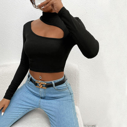 Women's Sexy Front Cutout Mock Neck Long Sleeve Slim T-Shirt Crop Top
