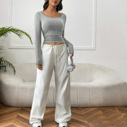 Women's Long Sleeve Scoop Neck Crop Tops Ruched Slim Fitted Casual T Shirts