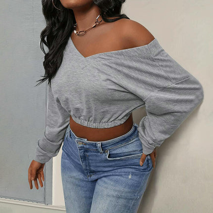 Womens Off The Shoulder Sweatshirt Sexy V Neck Long Sleeve Crop Tops