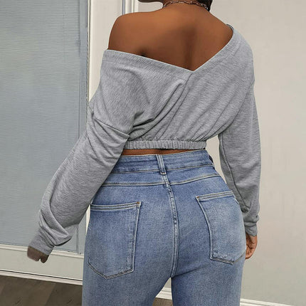 Womens Off The Shoulder Sweatshirt Sexy V Neck Long Sleeve Crop Tops