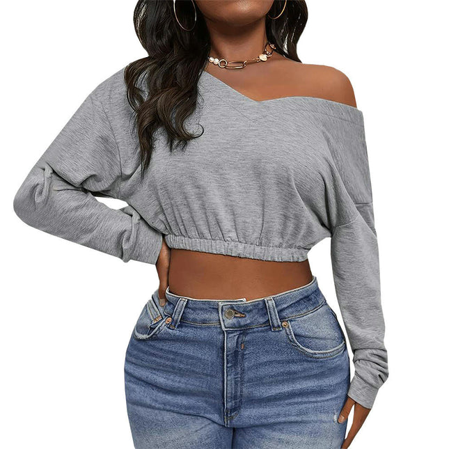 Womens Off The Shoulder Sweatshirt Sexy V Neck Long Sleeve Crop Tops