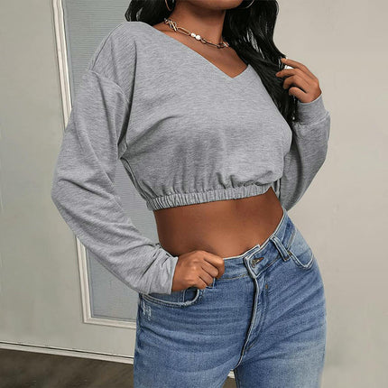 Womens Off The Shoulder Sweatshirt Sexy V Neck Long Sleeve Crop Tops
