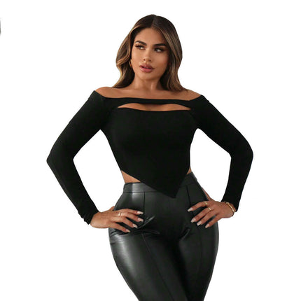 Women's Sexy Cut Out Crop Top Long Sleeve Off Shoulder Slim Fitted T Shirt