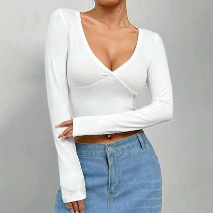 Women's Sexy V Neck Long Sleeve Slim Fitted Trendy Going Out T Shirt Crop Top