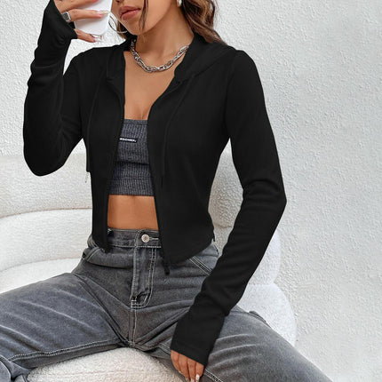 Women Zip Up Long Sleeve Sweatshirts Casual Hooded Slim Fitted Crop Top