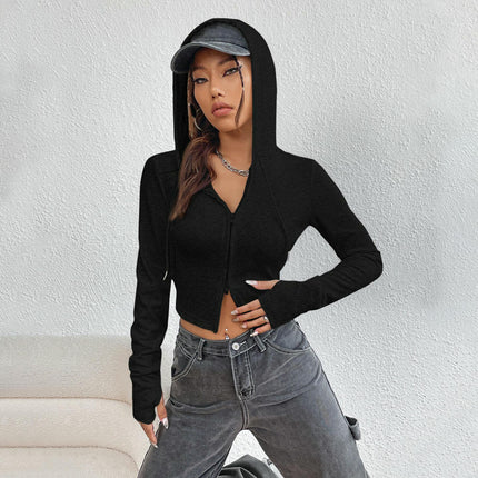 Women Zip Up Long Sleeve Sweatshirts Casual Hooded Slim Fitted Crop Top