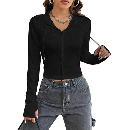 Women Zip Up Long Sleeve Sweatshirts Casual Hooded Slim Fitted Crop Top