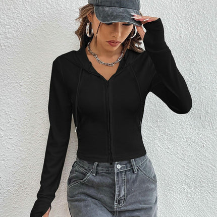 Women Zip Up Long Sleeve Sweatshirts Casual Hooded Slim Fitted Crop Top