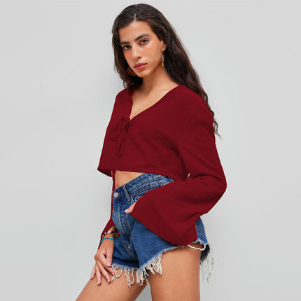Womens Sexy Tie Front Shirts V Neck Bell Long Sleeve Going Out Crop Tops