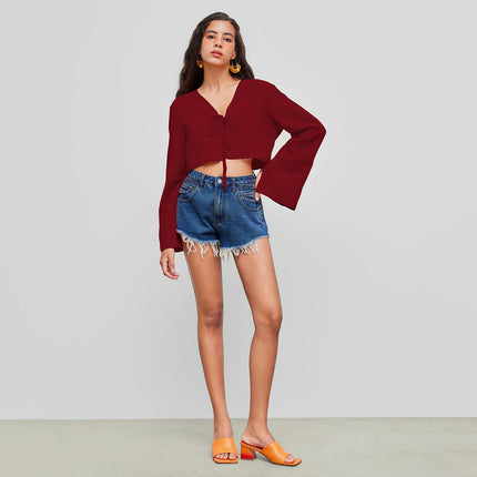 Womens Sexy Tie Front Shirts V Neck Bell Long Sleeve Going Out Crop Tops