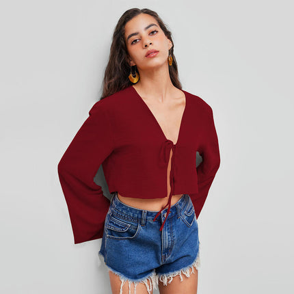 Womens Sexy Tie Front Shirts V Neck Bell Long Sleeve Going Out Crop Tops