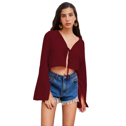 Womens Sexy Tie Front Shirts V Neck Bell Long Sleeve Going Out Crop Tops