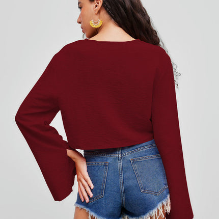 Womens Sexy Tie Front Shirts V Neck Bell Long Sleeve Going Out Crop Tops