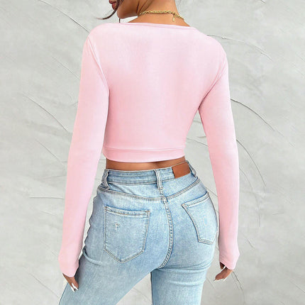 Women's Long Sleeve V Neck Ruched T Shirts Slim Fit Going Out Crop Tops