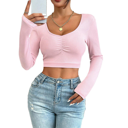 Women's Long Sleeve V Neck Ruched T Shirts Slim Fit Going Out Crop Tops