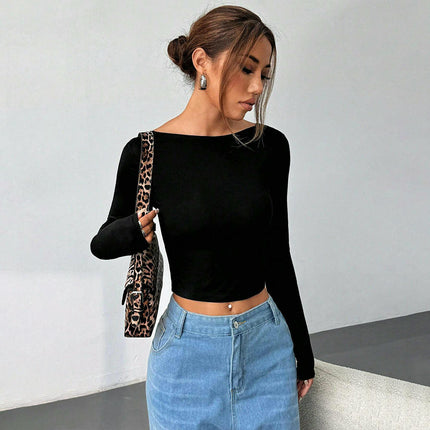 Women's Crew Neck Open Back Long Sleeve Crop Tops Backless Going Out T Shirt