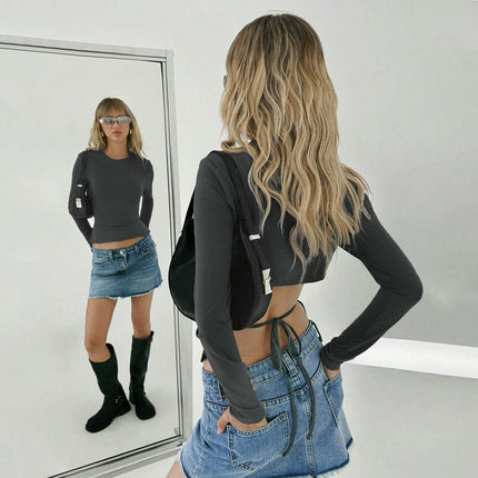 Womens Sexy Tie Backless Long Sleeves Crop Top Going Out Slim Fitted Crew Neck T-Shirts