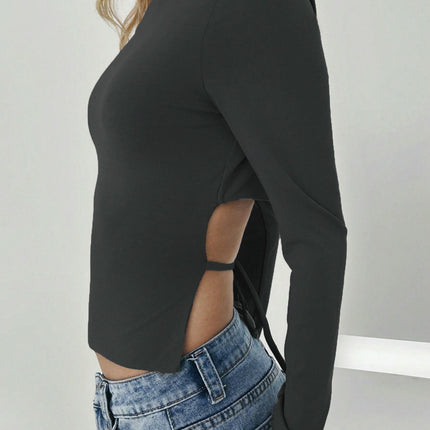 Womens Sexy Tie Backless Long Sleeves Crop Top Going Out Slim Fitted Crew Neck T-Shirts