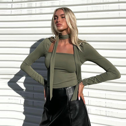 Women's Sexy Slim Fit Square Neck Long Sleeve Going Out T Shirt Crop Top