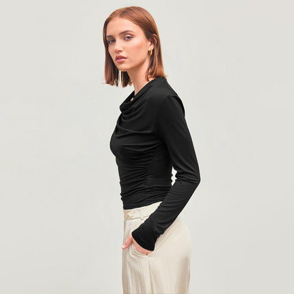 Women's Ruched Cowl Neck Long Sleeve T Shirt Casual Slim Fit Tee Tops