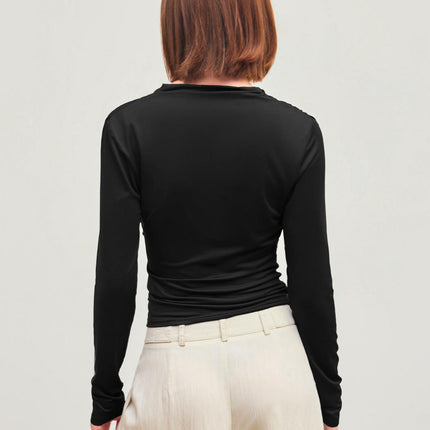 Women's Ruched Cowl Neck Long Sleeve T Shirt Casual Slim Fit Tee Tops
