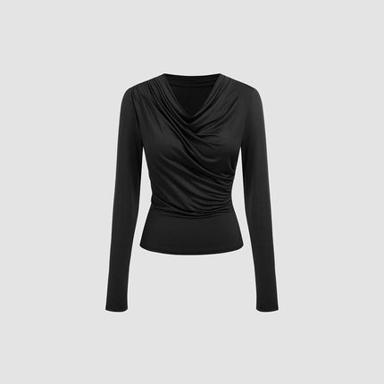 Women's Ruched Cowl Neck Long Sleeve T Shirt Casual Slim Fit Tee Tops