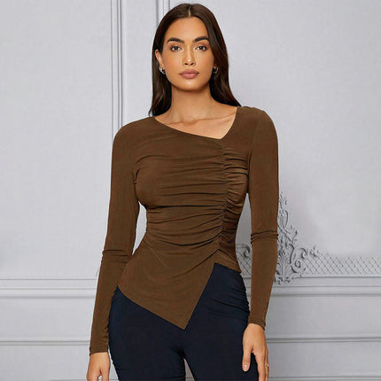 Women's Asymmetric Neck Crop Top Long Sleeve Ruched Slim Fit T-Shirt