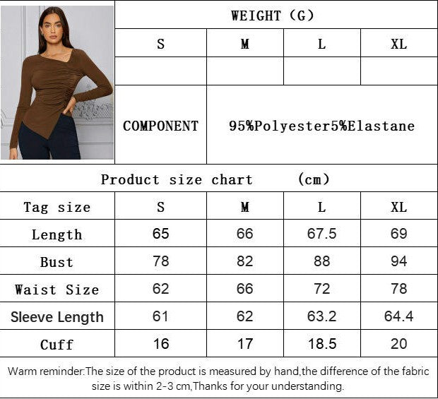 Women's Asymmetric Neck Crop Top Long Sleeve Ruched Slim Fit T-Shirt