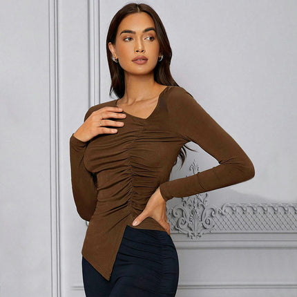 Women's Asymmetric Neck Crop Top Long Sleeve Ruched Slim Fit T-Shirt