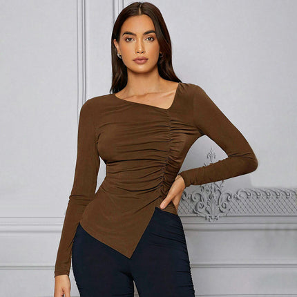 Women's Asymmetric Neck Crop Top Long Sleeve Ruched Slim Fit T-Shirt