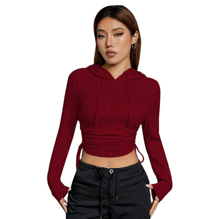 Women's Ribbed Knit Hoodie Drawstring Long Sleeve Slim Fit Crop Tops