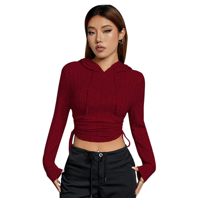 Women's Ribbed Knit Hoodie Drawstring Long Sleeve Slim Fit Crop Tops