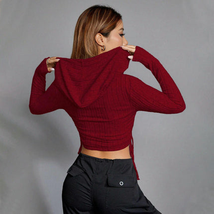 Women's Ribbed Knit Hoodie Drawstring Long Sleeve Slim Fit Crop Tops