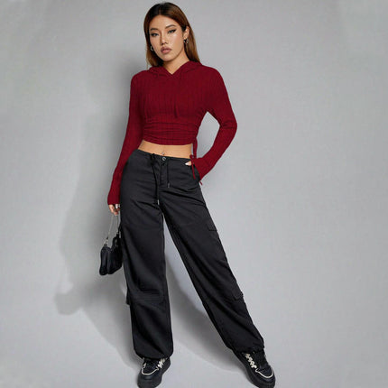 Women's Ribbed Knit Hoodie Drawstring Long Sleeve Slim Fit Crop Tops