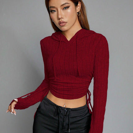 Women's Ribbed Knit Hoodie Drawstring Long Sleeve Slim Fit Crop Tops